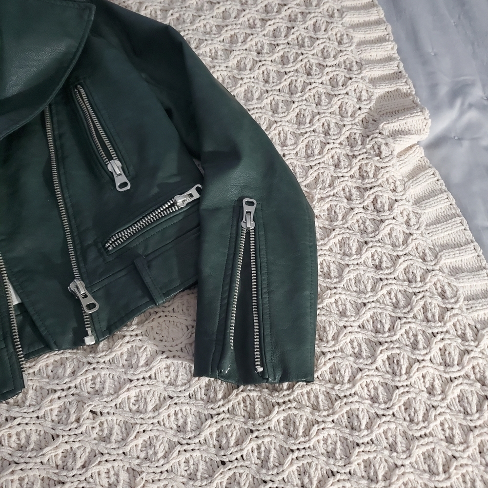 Green Shearling Aviator Collar Versatile Moto Jacket - Picture 10 of 16